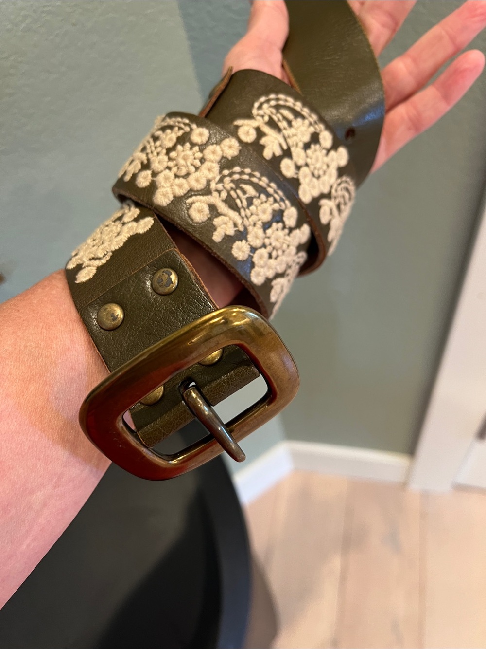 Lucky Brand Brown Suede Leather Belt with floral design, small